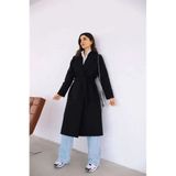Prilika Morena Kadın Siyah Astarlı Cepli Uzun Oversize Kaşe Kaban Kuşaklı (Morena Rose)