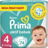 Prima Bebek Bezi 4 Beden 74 Adet Aktif Bebek 9-14 kg Bantlı Bez Mega Fırsat Paketi