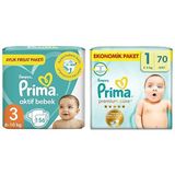 Prima Bebek Bezi Aktif Bebek 3 Numara 156 Adet Aylık Fırsat Paketi & Prima Bebek Bezi Premium Care 1 Beden 70 Adet Yenidoğan Jumbo Paket