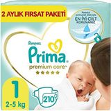 Prima Bebek Bezi Premium Care 1 Beden Yenidoğan, 2 Aylık Fırsat Paketi, 210 Adet - 0: 0 - 3 kg Yenidoğan / 50'li