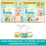 Prima Bebek Bezi Premium Care 1 Numara 70 Adet + Prima Bebek Bezi 2 Numara 60 Adet 2'li
