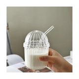 Prime 500ML Cam Kapaklı Pipetli Bardak, Kalın Çizgi Desenli Soğuk Içecekler Için Kahve Meyve Suları, Çayları Için Brokosilikat Bpa Içermeyen Sağlıklı Ergonomik Şık Tasarım - 0 - Siyah - Option-1