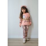 Prime Butik Hello Kız Çocuk Leopar Kollu Taytlı Takım 2li - Somon - 5 - 6 Yaş