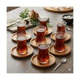 Prime Çay Bardağı ve Bambu Ahşap Altlık Seti, 6 Bardak ve 6 Altlık, Şeffaf Cam, Doğal Bambu - Kestane Akaju - Option-1