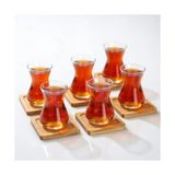 Prime Çay Bardağı ve Bambu Altlık Seti, Şeffaf Cam, Doğal Bambu, 6 Bardak ve 6 Altlık - Kestane Akaju - Option-1