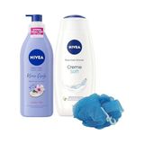 Prime Creme Soft Duş Jeli 500ML ve Kiraz Çiçeği Nemlendirici Vücut Bakım Losyonu 400ML, Banyo Lifi Hediye