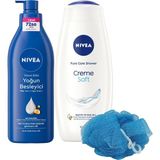 Prime Creme Soft Duş Jeli 500ML ve Yoğun Besleyici Nemlendirici Vücut Sütü 400ML, Banyo Lifi Hediyeli