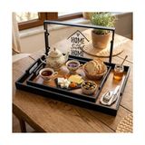 Prime Dekoratif Servis Tepsisi Seti, Ahşap Desenli, Siyah Çerçeveli, 2'li Set, 35X25 cm ve 31X21 Cm, Mutfak ve Cafe Temalı - Kestane Akaju - Option-1