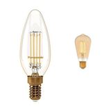 Prime E14 LED Filament Lamba, Sarı Işık (2000K), 4W, 360 Lümen + E27 LED Filament Lamba, Sarı Işık (2000K), 7W, 630 Lümen, ST64 - 0,5 W - Altın