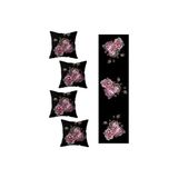 Prime Pelangi Siyah Gül Salon Mutfak Masa Değişik Ranır Modelleri Dekoratif 4'lü Kırlent Kılıfı ve Runner Seti, Siyah-Pembe 40 x 140 - 0,5 x 9 cm - 001-Renkli