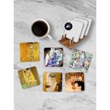 Prime (PSTER21248) Gustav Klimt Temalı Standlı Ahşap Bardak Altlığı Seti, 6 Adet Baskılı Bardak Fincan Kahve Altlığı - Kestane Akaju - Option-1