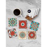 Prime (PSTER21257) Etnik Mandala Desenli Standlı Ahşap Bardak Altlığı Seti, 6 Adet Baskılı Bardak Fincan Kahve Altlığı - Kestane Akaju - Option-1