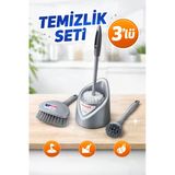 Primeaks 3’Lü Temizlik Fırça Seti Klozet Fırçası, Sert Zemin Fırçası, Lavabo Fırçası – Gri