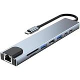PrimeX PX-U520 8 in 1 Type-C Çoklayıcı Adaptör, 4K 30Hz HDMI USB-C Hub, 2x USB 3.0 RJ45 Gigabit Ethernet SD Micro SD Kart Okuyucu 2x PD Şarj Portlu Gri Metal USB-C Çevirici, MacBook Laptop PC için