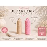 Print Zone 2'li Set Çiçek Desenli Lip Balm (Dudak Kremi) Anahtarlık Kılıfı - Çanta Süsü Nemlendirici Organizer Kutusu - Pembe