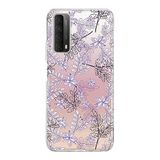 PrintiFy Huawei P Smart 2021 ile Uyumlu Kapak Floral Lila Tasarımlı 1mm Fit Şeffaf Silikon Kılıf