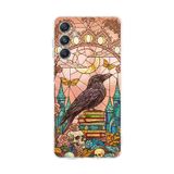 PrintiFy Samsung Galaxy M34 ile Uyumlu Vitray Bilge Kuzgun Tasarımlı Şeffaf Silikon Kılıf