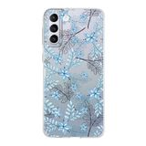 PrintiFy Samsung Galaxy S21 Plus ile Uyumlu Kapak Floral Mavi Tasarımlı 1mm Fit Şeffaf Silikon Kılıf