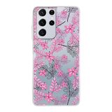 PrintiFy Samsung Galaxy S21 Ultra ile Uyumlu Kapak Floral Pembe Tasarımlı 1mm Fit Şeffaf Silikon Kılıf