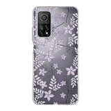 PrintiFy Xiaomi Mi 10T Pro ile Uyumlu Kapak Floral Lila Tasarımlı 1mm Fit Şeffaf Silikon Kılıf