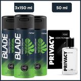 Privacy Addiction 50 Ml Erkek EDT Parfüm Ferah Koku & Blade Green Dream 3x150 Ml Deodorant Seti
