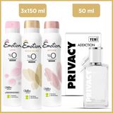 Privacy Addiction Woman Edt Parfüm 50 Ml & Emotion Deodorant Gold Bliss, Joyous, Love 3x150 Ml