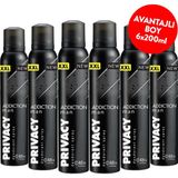 Privacy Men Addiction Erkek Deodorant 6x200 ml Pudrasız Sprey ile Uzun Süreli Koku Koruma