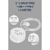 Priz 2 Li 1 USB + 1 TYPE-C Girişli Grup Uzatma Kablosu Telefon Standlı Priz 1.5 Metre Kablolu (Beyaz)