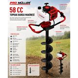 Pro Müller Alman Profesyonel 58 cc Fidan Ekme Benzinli Toprak Burgu Makinesi 150 mm x 100 cm Delme Ucu