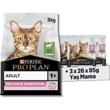 Pro Plan Delicate Kuzu Etli Kuru Kedi Maması 3 kg + Purina Pro Plan Healthy Start Sos Içinde Hindi Etli Yavru Kedi Maması 85GR Pouch x 26 Adet x 3 Adet - 0,01 gr