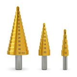 Proalet Kademeli Matkap Ucu Seti, 3'lü, HSS, Titanyum Nitrür Kaplamalı, 4-32 mm, Metal, Sac, Alüminyum, Plastik İçin, Uzun Ömürlü, Pürüzsüz, Delik Açma, Yüksek Performans, Tüm Matkaplara Uyumlu