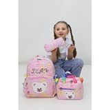 Probag Kız Çocuk 3'lü Okul Çantası Pembe Gökkuşağı Askılı Ayıcık Nakışlı Sırt Çantası, Beslenme Ve Kalemlik