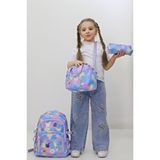 Probag Kız Çocuk Okul Çantası 3lü Set Mavi Lila Desenli Beslenme Kalemlik İlkokul Anaokulu
