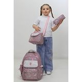 Probag Kız Çocuk Okul Çantası 3lü Set Pudra Desenli Parlak Kapaklı İlkokul Çanta Seti Pembe