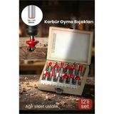 Profesyonel 12'Li Ahşap Freze Ucu Seti 8Mm Şaft | Rulmanlı Karbür Oyma Bıçakları Ahşap Kutulu