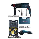 Profesyonel 3'Lü Set - 1200W Kırıcı Delici Hilti, 125 Mm Avuç Taşlama Ve Çift Akülü, Full Set, Darbeli Vidalama Matkap Takımı