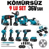 Profesyonel 9'Lu Akülü El Aletleri Seti 36V 5Ah – Hilti, Taşlama, Somun Sıkma, Matkap, Testere Ve Budama Seti