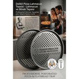 Profesyonel Delikli Pizza Tepsisi 32 cm - Yanmaz Yapışmaz Çıtır Tabanlı Karbon Çelik Lahmacun - 10 cm