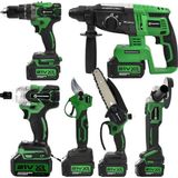 Prohummer PH348 Yeşil Profesyonel Akülü Süper 6lı Set Makina - 125MM Avuç Taşlama, Sds Plus Kırıcı Delic, Somun Sıkma Sökme, Vidalama Matkap, Budama Testere, Budama Makası