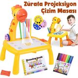 Projeksiyonlu Zürafa Mini Çizim Masası ve 12 Renk Boya Kalemi Seti, Çizim Defteri ile Aktivite Masası - Turuncu