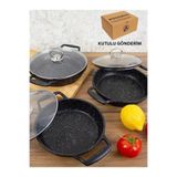 Prokitchen 6'lı Granit Tava Seti Cam Kapaklı Döküm Siyah 18-20-22 cm