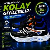 Promax Akıllı Bağcıklı Işıklı Çocuk Spor Ayakkabı Siyah-Sax 26-30 Kolay Giyilebilir