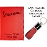 Promosyon Denizi Plakanıza ve Isminize Özel Lazer Baskılı Vespa Logolu Kırmızı Ruhsat Kabı ve Anahtarlık