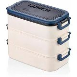 Promosyonca 3 Katlı Taşınabilir Yemek Kabı, Bento Lunch Box, Diyet Beslenme Kutusu, Çatal Kaşık Dahil, BPA İçermez 19 x 16,5 x 11,5 cm (Mavi)