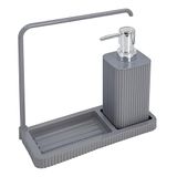 Promosyonca Modern Mutfak Sıvı Sabunluk Seti, Plastik, Askılı Tasarım, 20.5x20x9 cm, Damlalıklı Stand (Gri)