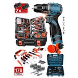 PROXTECH Kömürsüz PRO Motor 178 Parça Takım Seti 2 Akülü Matkap, Tornavida, Pense, Lokma, Çekiç, Alet Takımı