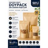Prozirve Pencereli Kraft Doypack Poşet 50’li Paket – Kilitli Ziplock, Dik Duran, Şeffaf Pencereli Gıda Saklama Poşeti - 16 –27 cm