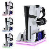PS5 Pro/PS5/PS5 Slim stant, PS portal ve PS5 kontrol cihazı şarj istasyonu, PS5 dikey kıskaç, 3 kademeli fanlı, aynı anda üç cihazı şarj eder, PS5 aksesuarları için depolama (PS5 Pro için beyaz)