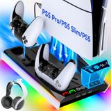 PS5/Slim/Pro Stand, Otomatik Ayarlanabilir 3 Seviyeli Soğutma Fanı, 9 RGB Işıklı PS5 Soğutma İstasyonu ve Çift Şarj Cihazı, Tüm PlayStation Konsolu için, PS5 Aksesuarları