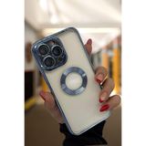 PSGT Apple iPhone 12 Pro ile Uyumlu Metalik Kılıf, Logo Yeri Açık, Şeffaf Silikon, Mavi